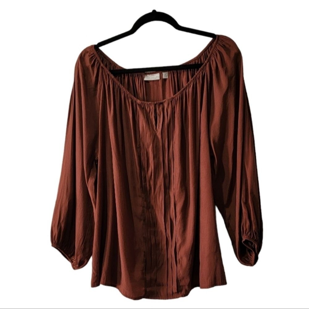 Eva Mendez brown long sleeves blouse size XL Polyester blend Scoop Neck * - Picture 7 of 7